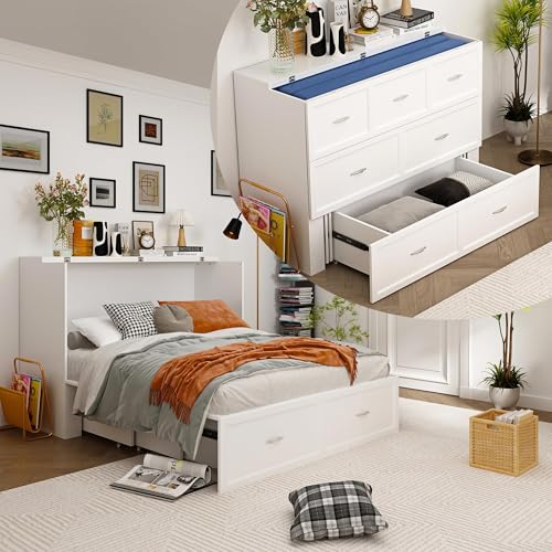 ECACAD Multi-Functional 2-in-1 Murphy Cabinet Bed, Full Size Bed Frame Murphy Bed Chest with Built-in Power Strip & 3 Drawers, Full Foldable Platform Bed, White