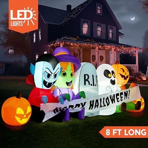 Joiedomi 8 ft Long Halloween Inflatable Three Characters and Pumpkin Patch Outdoor Decoration, Blow Up Inflatables Witch Ghost Skeleton Yard Decorations with LEDs for Party Yard Lawn Garden Decor