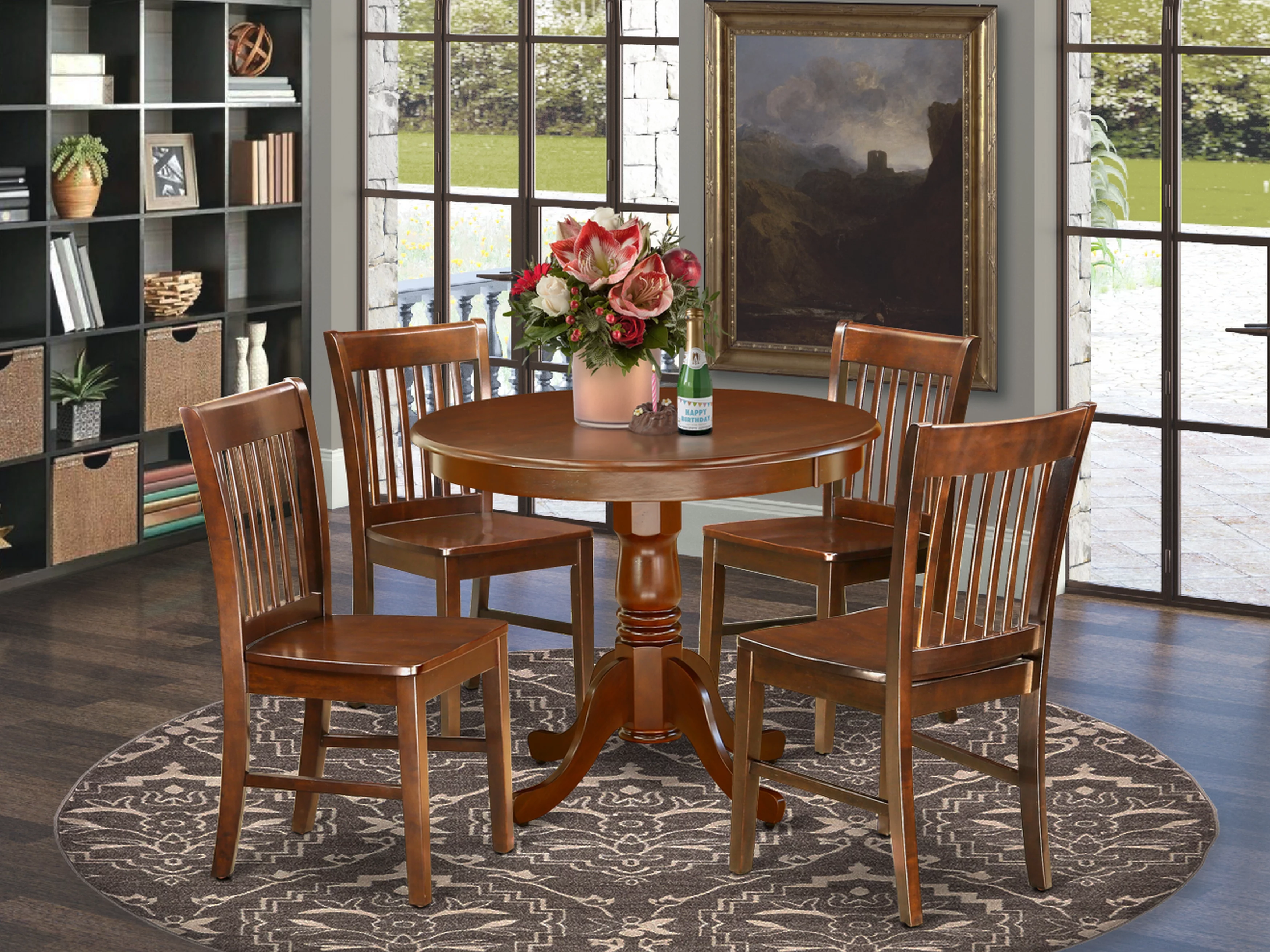 East West Furniture Antique 5-piece Dining Chair and Round Table Set in Mahogany