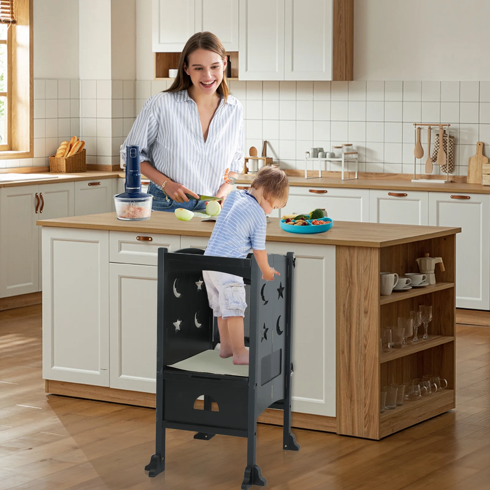 Fionafurn Wooden Kitchen Step Stool, Folding Toddler Stool Counter Kids Kitchen Step Stool,Black