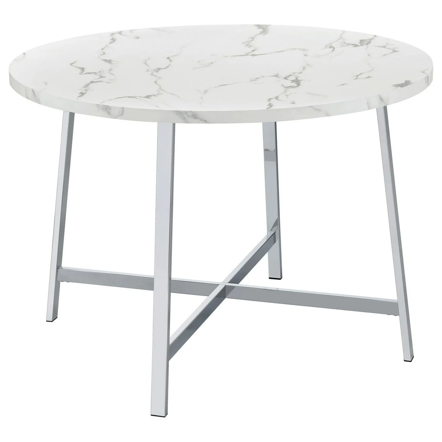 Benjara  45 in. Faux Carrara Round Marble Top Dining Table with Metal Legs, White, Chrome & Gray