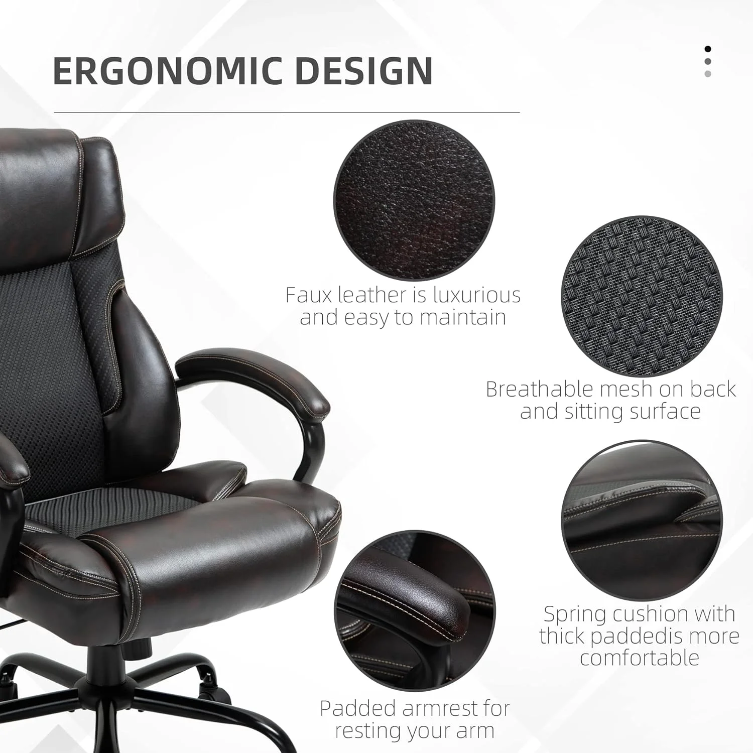 484LBS Big And Tall Ergonomic Executive Office Chair With Wide Seat, High Back Adjustable Computer Task Chair Swivel PU Leather, Brown