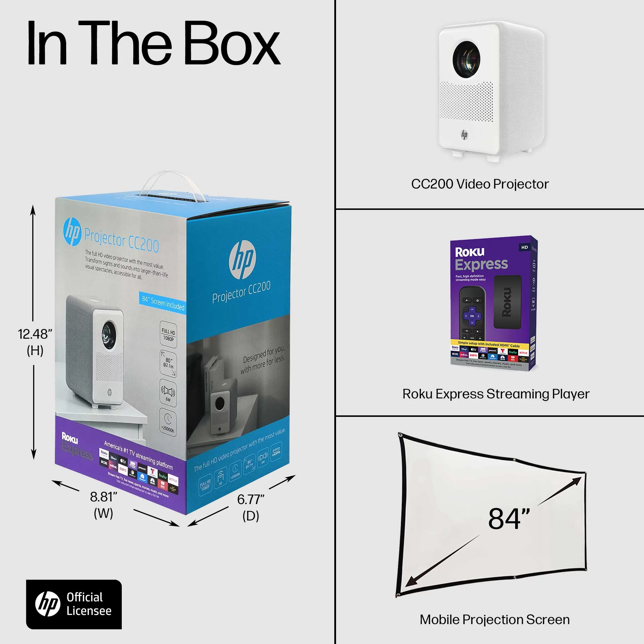 HP CC200 FHD LCD LED Projector with Roku Express Streaming Player and 84