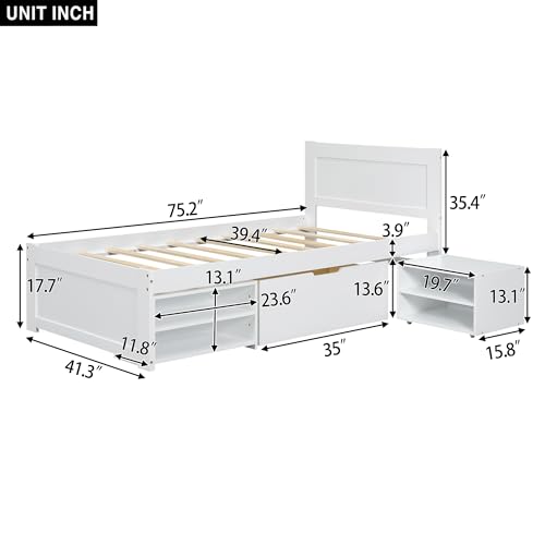 SOFTSEA Full Size Platform Bed with Storage, Platform Bed with Drawers and Bed End Case, Wood Platform Bed Frame with Storage Bookcase Headboard, No Box Spring Needed, White