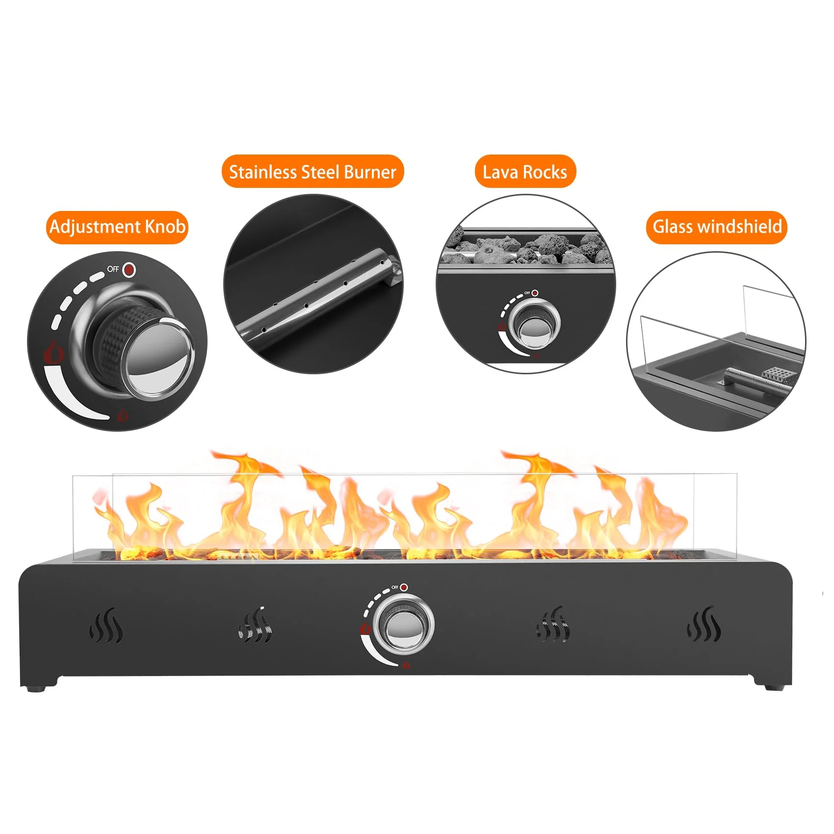 Only Fire 28in Heater Propane Firepit with Rear Air Inlet, Glass Wind Guard & Fire Glass Tools