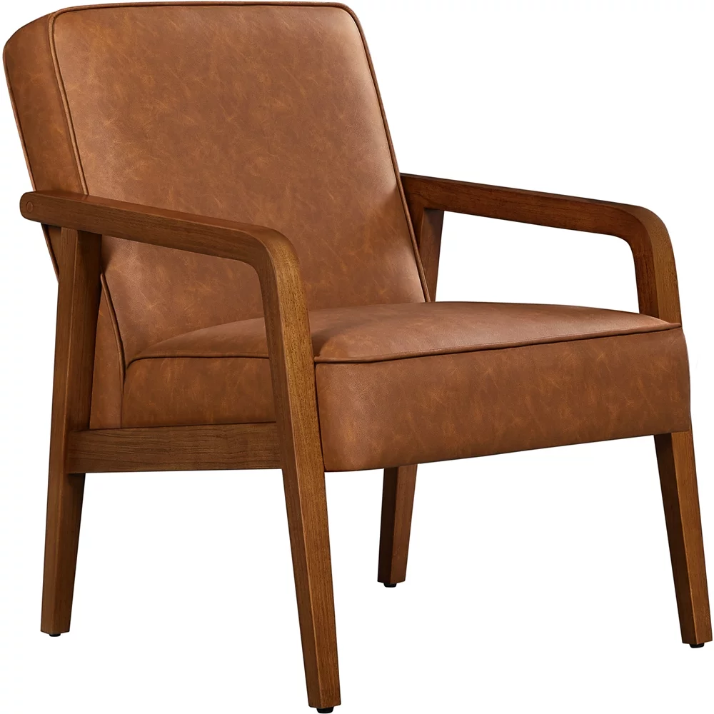Easyfashion Mid-Century Modern Upholstered Faux Leather Armchair, Light Brown