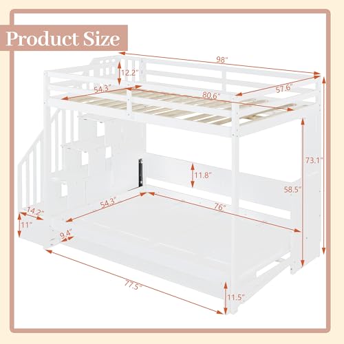 Full Murphy Bed with Stairs, Convertible Wall Bed Frame with Hydraulic Lift & Desk, Murphy Cabinet Beds with Upper Bed for Teens, Boys and Girls, No Box Spring Needed (Grey)