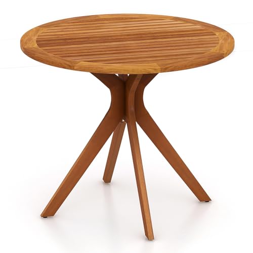 Tangkula Round Bistro Table, Indoor Outdoor Coffee Table w/Solid Structure, Slatted Tabletop, Stable Legs, 35.5” Wood Dining Table for Patio, Garden, Poolside, Backyard, Easy Assembly, Natural