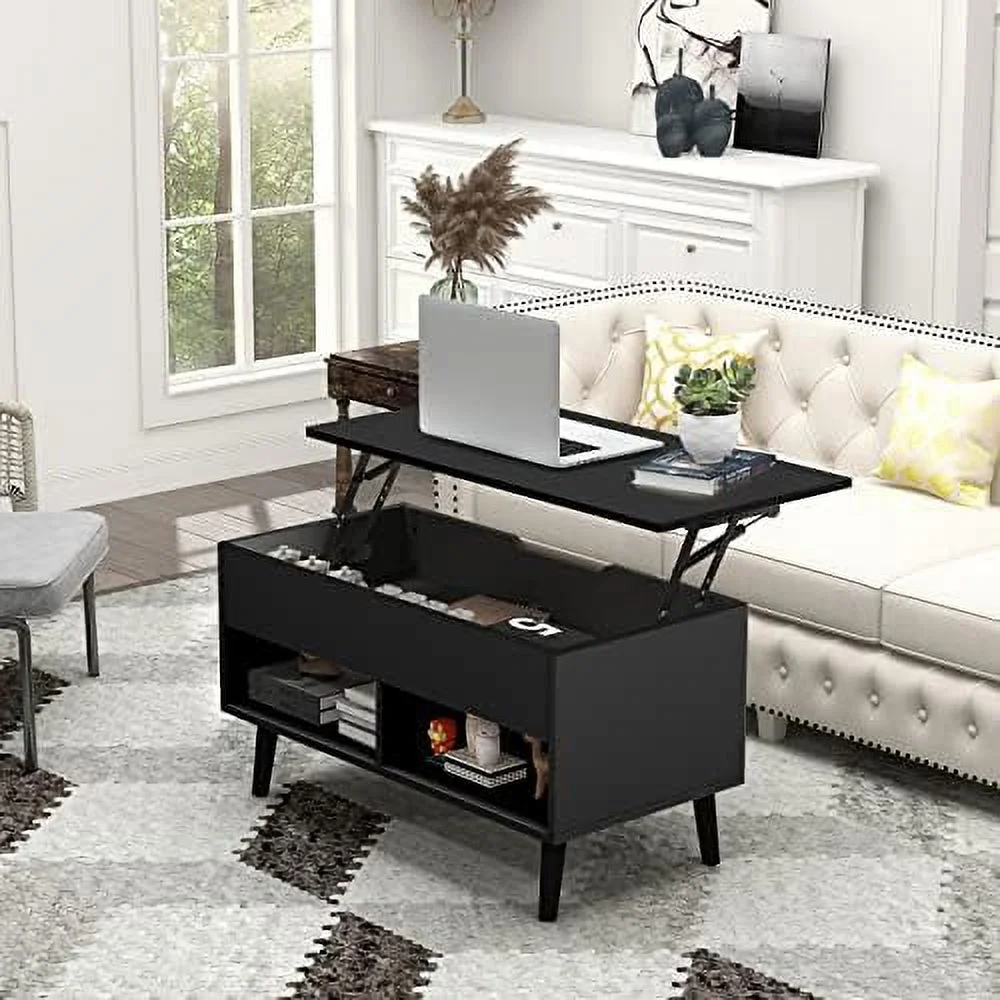 Lift Top Coffee Table  Modern Cocktail Table with Hidden Compartment & 2 Open Shelves  Flip Top Center Table  Wooden Pull up Coffee Table for Living Room  Reception Room  Office (Blac