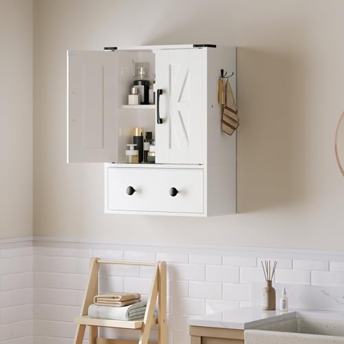 Bathroom Wall Cabinet, Medicine Cabinet with Fabric Drawer, Double-Door Wall Mounted Storage Cabinet, 2 Hooks, Easy Assembly, for Bathroom, Bedroom, Living Room, Kitchen, Dining Room, White