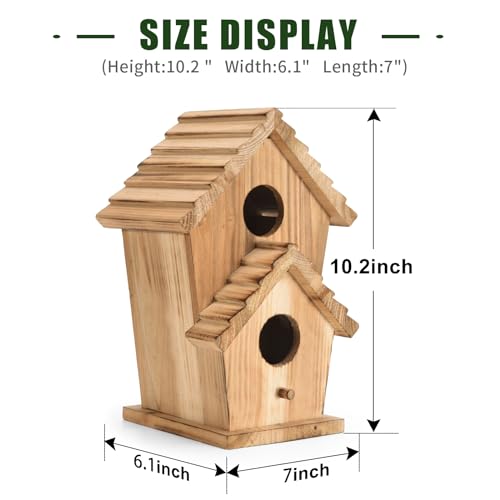 Bird Houses for Outside, Wooden Outdoor 2 Hole Bird House, Can Accommodate 2 Bird Families Suitable for Bluebird,Finch,Cardinals, Garden Hanging Birdhouse No Assembly Required