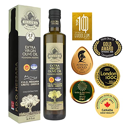 Ellora Farms, Greek Extra Virgin Olive Oil, Single Estate PDO Messara, Greece, Non GMO, cold-pressed, Polyphenol, Glass Bottle, 17 FL oz