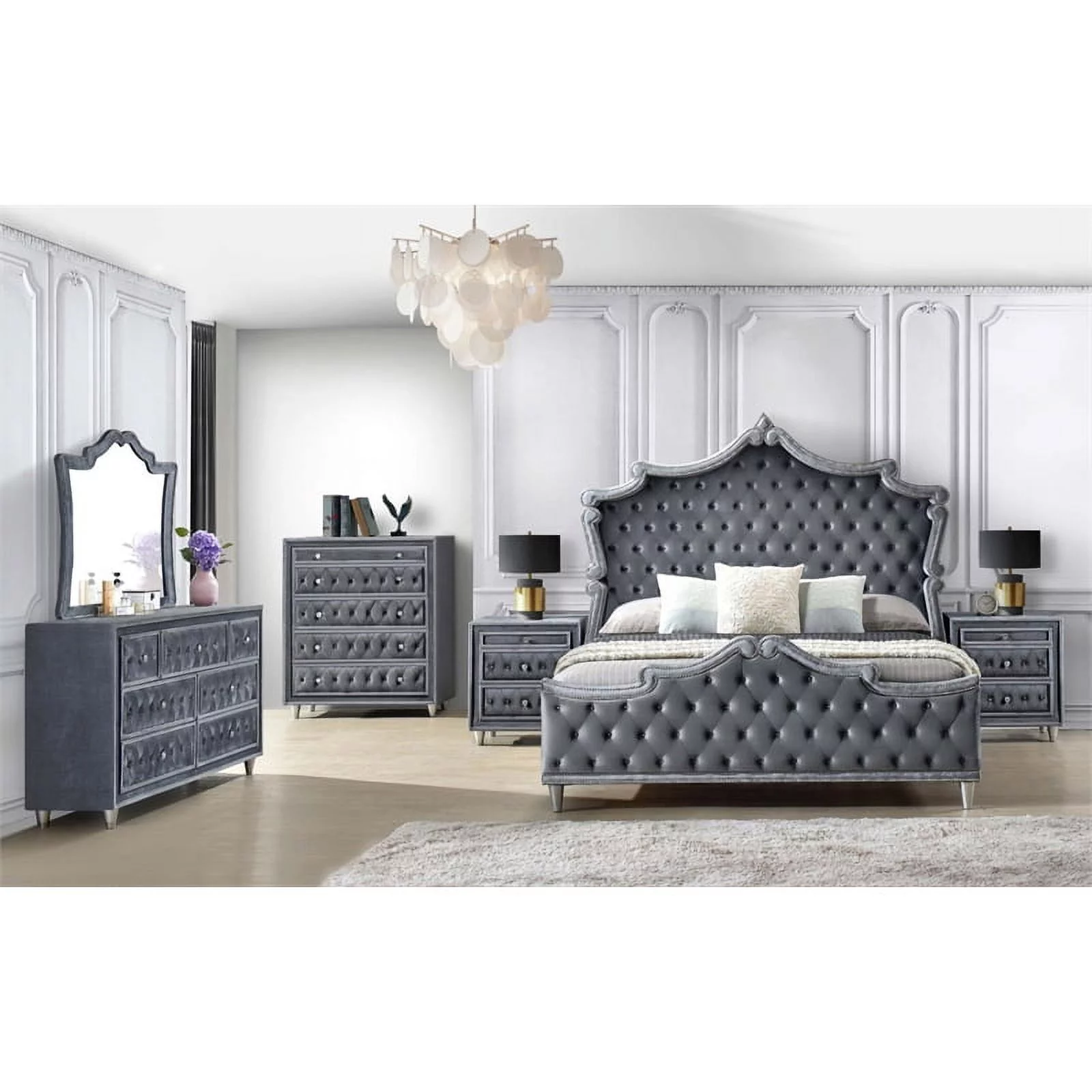 Coaster Antonella Velvet Upholstered Tufted Eastern King Bed in Gray