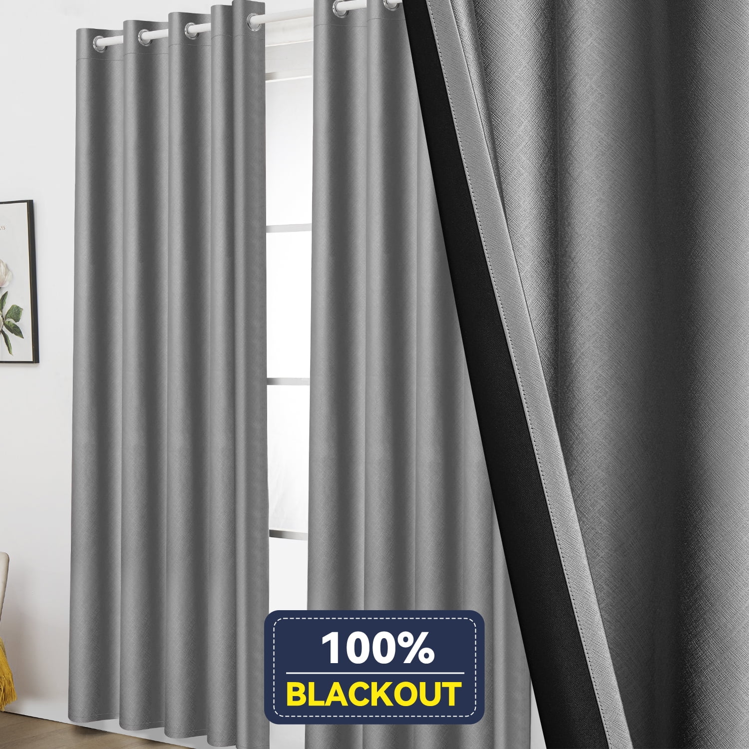 Embossed 100% Blackout Curtains Thermal Insulated for Bedroom Living Room, Grommet Window Curtain Single Panel, Gray, 52x84 inch