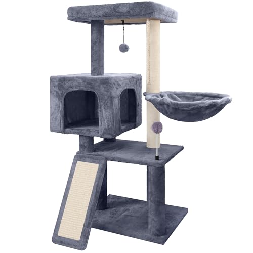 Cat Tree with Cat Condo and Hammock, Cat Tree with Scratching Posts and Scratching Pads, Cat Tower for Indoor Cats, Activity Centre Climbing Tree with Playful Toy Balls, Grey