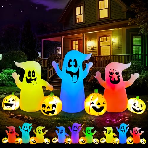 SEASONBLOW 8 Ft Long Halloween Inflatable Three Ghosts with Pumpkin Decoration LED Light Up Blow Up Ghost Halloween Inflatables Outdoor Decorations for Party Garden Yard Lawn Decor