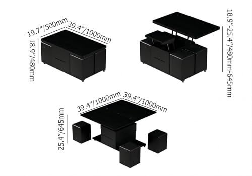 homary Black Lift-Top Coffee Table with Hidden Storage, Multifunctional 3-in-1 Modern Coffee Table with 4 Stools and Lockable Wheels for Living Room (Black)