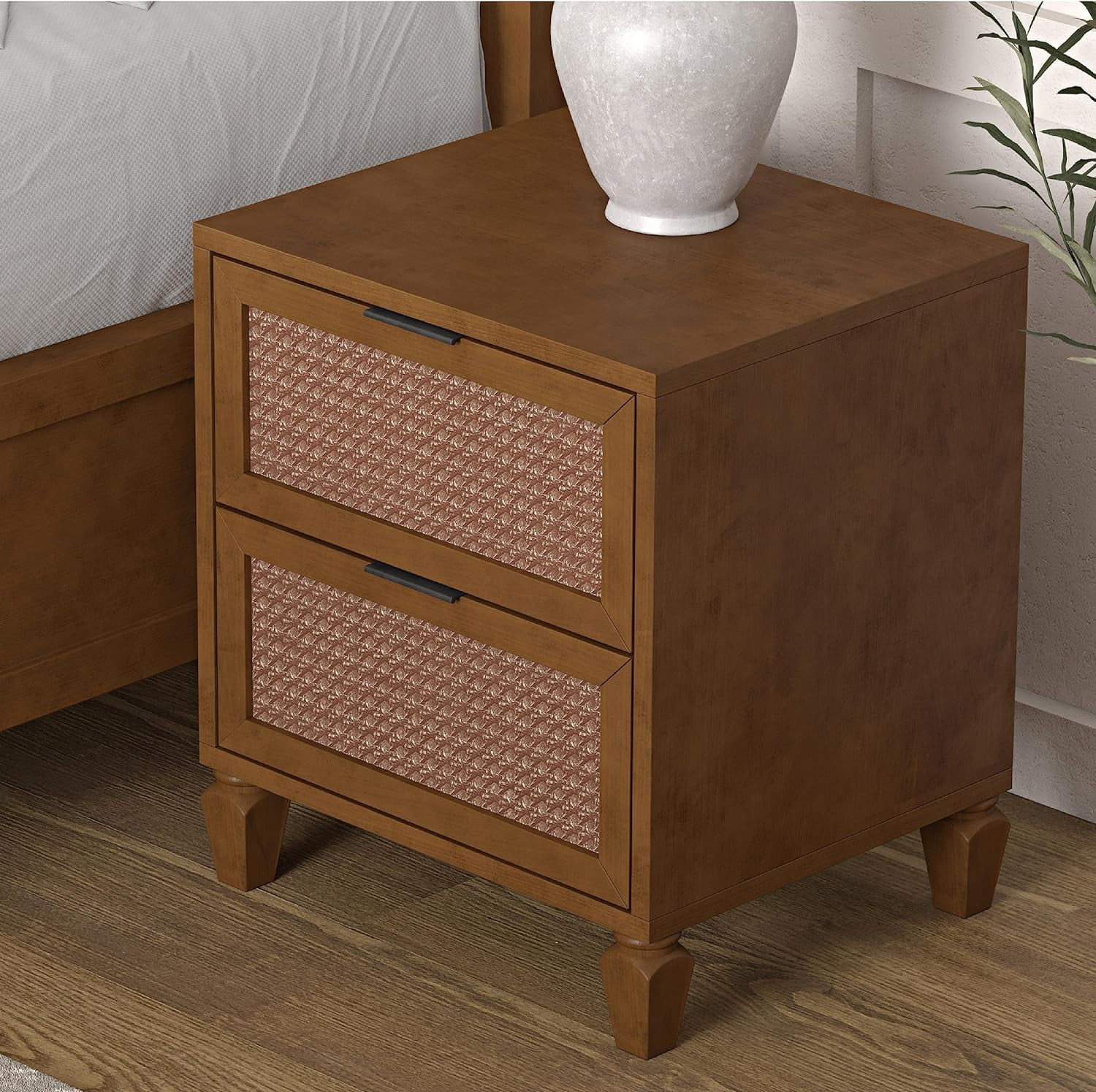 DG Casa Cove Rattan 2-Drawer Small Nightstand in Walnut with Mixed Materials & Detailed Leg Design