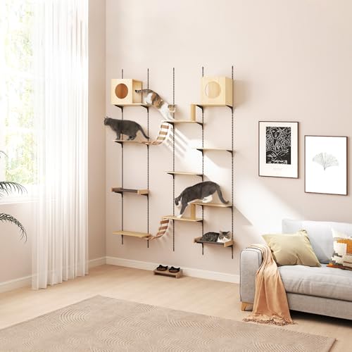 COZIWOW Wall-Mounted Cat Climber Furniture – 25-Piece Set with Cat Shelves, House, Platform, Bridge, Hammock & Scratching Board – DIY Indoor Playground Furniture for Cats (Burlywood)