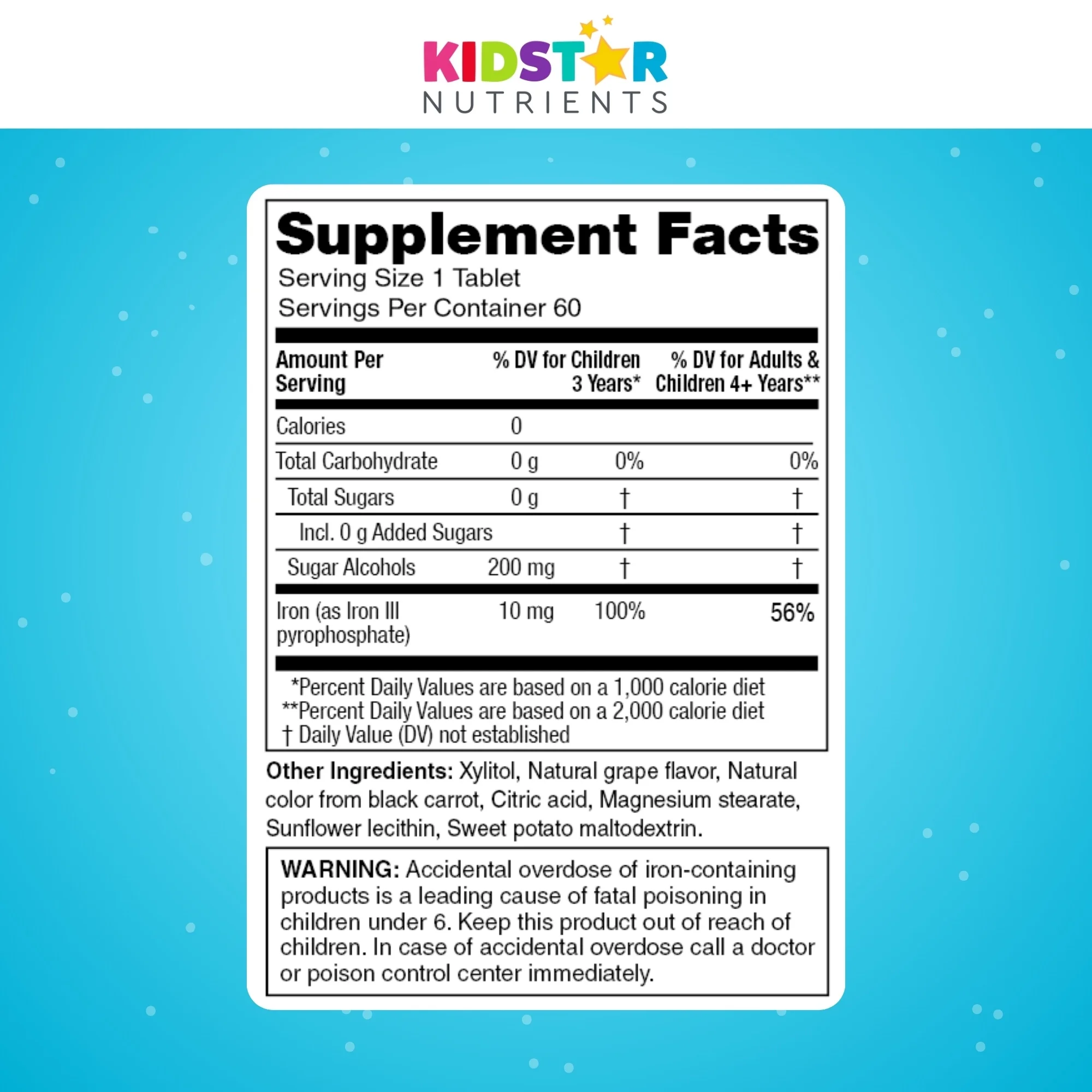 KidStar Nutrients BioFe Pure Iron Chewable Tablets, 10 mg Elemental Iron, Natural Grape Flavor, 60 Tablets