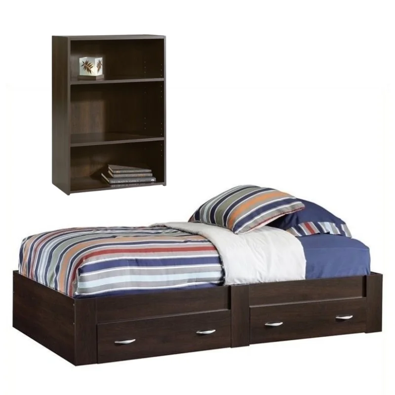 2 Piece Bedroom Set with Platform Bed and Bookcase Cinnamon Cherry