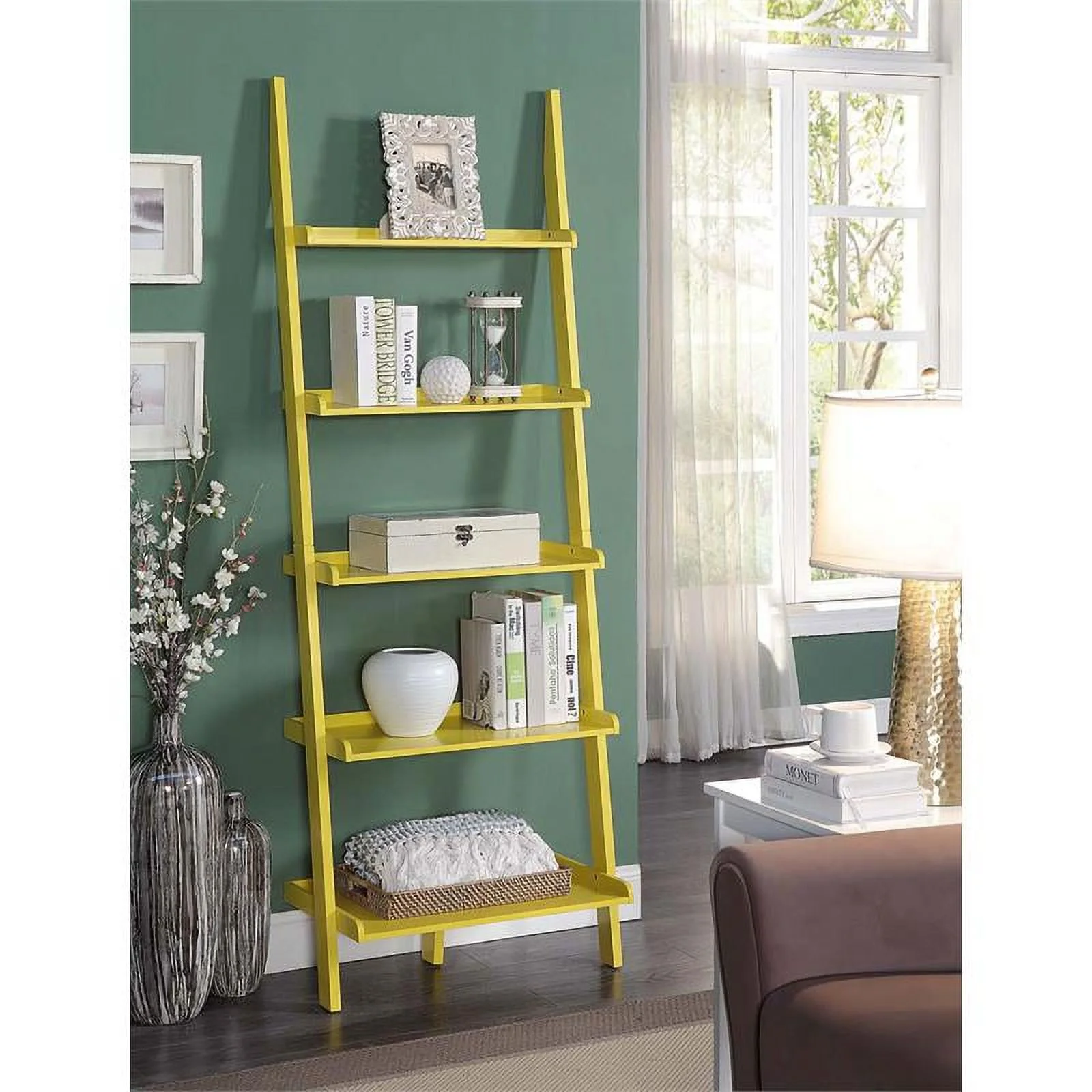 Pemberly Row Bookshelf Ladder with Five Tiers in Bright Yellow Wood Finish