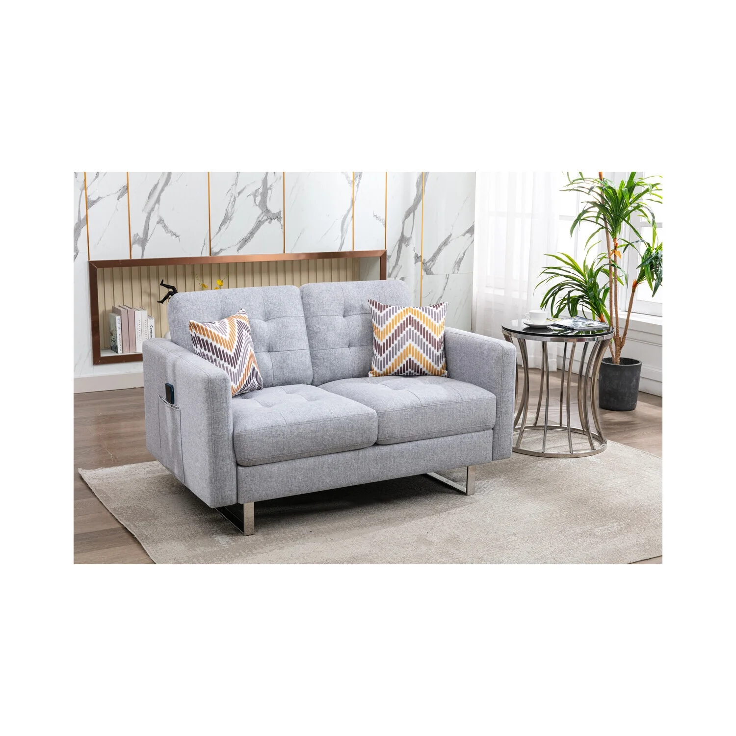 Blissful Nights Mediterranean Magic Linen Fabric Loveseat With Metal Legs, Side Pockets, And Pillows