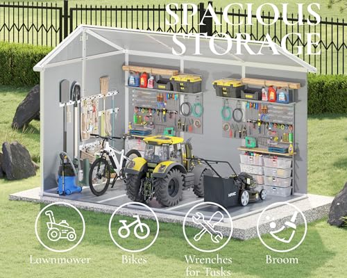 10.5x7.6x7.5 ft Outdoor Resin Storage Shed with Floor, Windows & Air Vents, Large Waterproof Tool Shed for Garden, Backyard, Lawn Equipment & Bikes, Grey