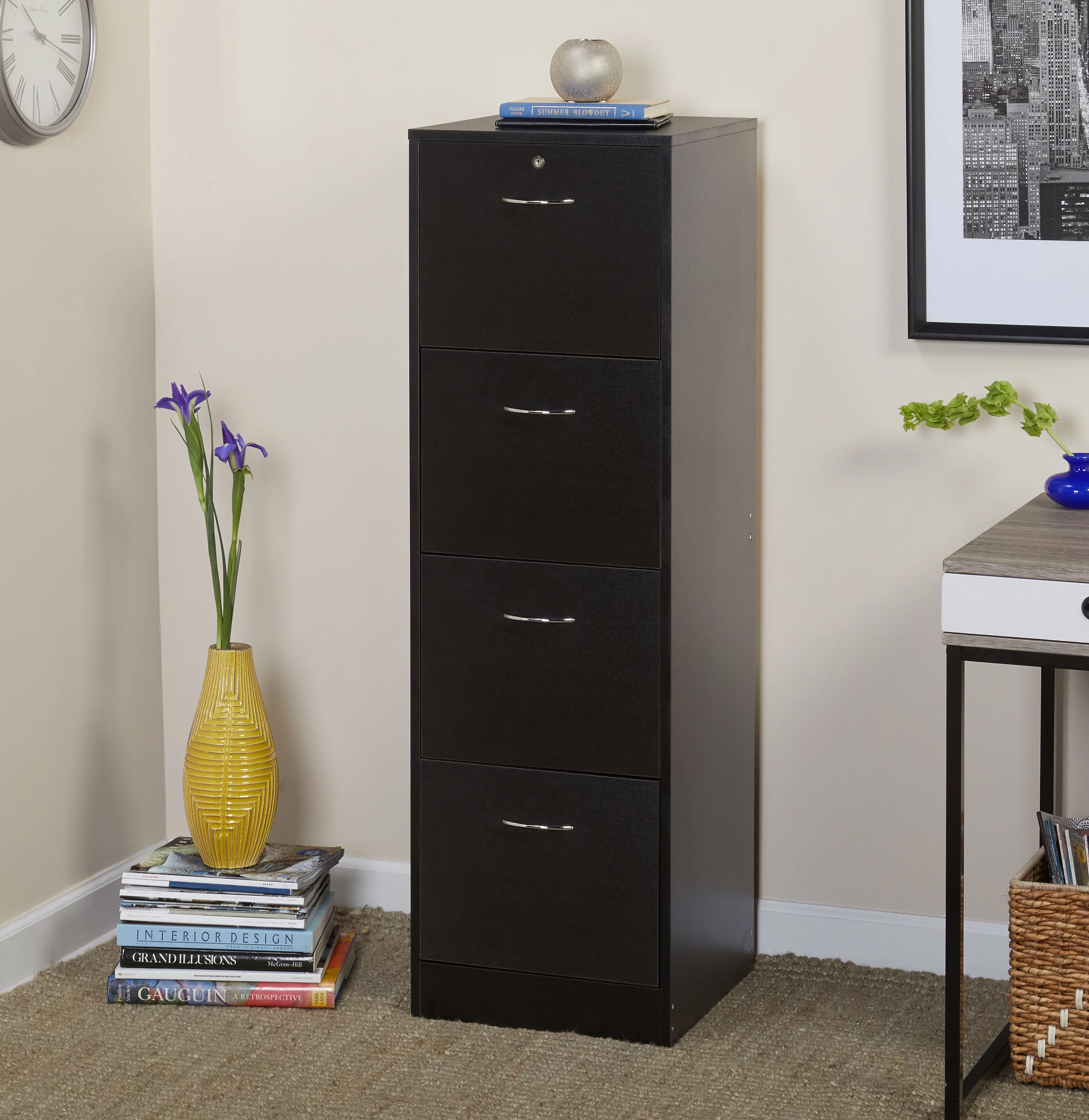 Wilson 4 Drawer Wood Vertical Lockable Filing Cabinet, Black