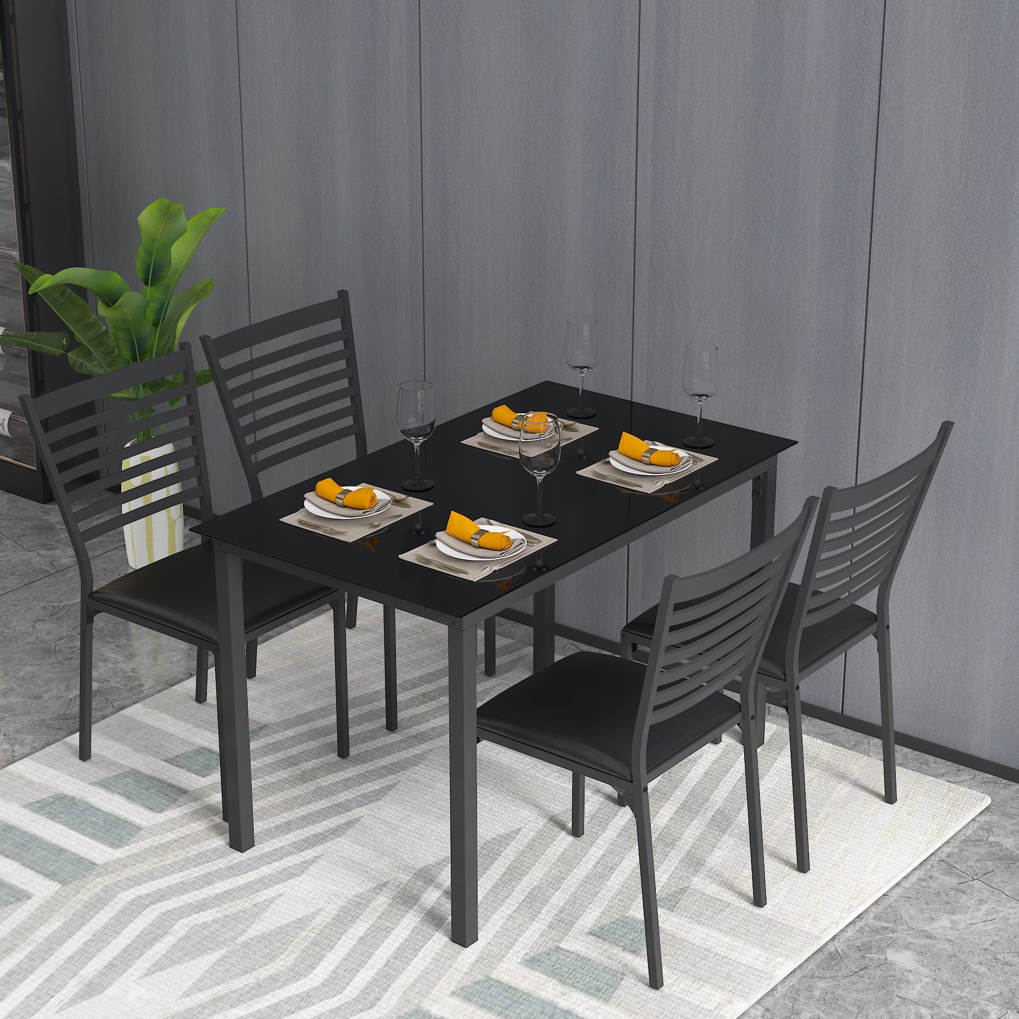 5 Piece Dining Table Set Kitchen 1 Table and 4 Upholstered Chairs Metal Frame Tempered Glass Top Black