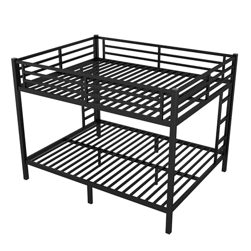 Heavy Duty Bunk Bed Frame with Ladder, Twin XL Over Twin XL Bunk Beds with Safety Guardrails, Adults Bunk Beds with Noise-Reducing Rubber Stoppers, Easy Assemble, Black