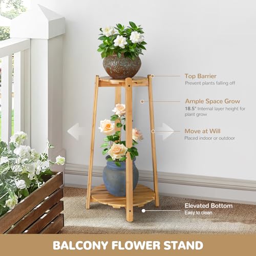 2 Tier Round Bamboo Plant Stands Shelves Indoor 12 Inch,Corner Flower Pot Stands Shelf, Wooden Tall Plant Pedestal Holder Rack for Succulent Catus Display in Living Room Patio Balcony Outdoor