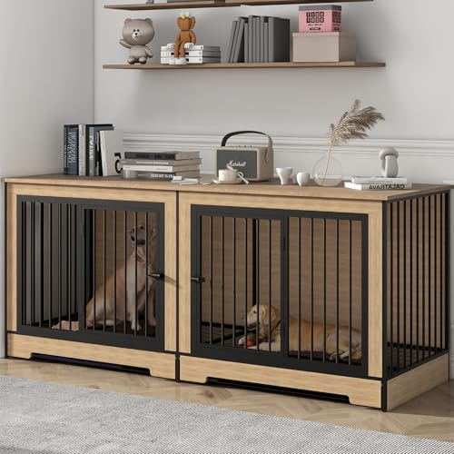 75’’ Double Dog Crate Furniture for 2 Dogs, Sturdy XXL Dog Crate Furniture with Removable Divider & Trays, Extra Large Dogs Kennel TV Stand for Living Room/Bedroom/Entryway