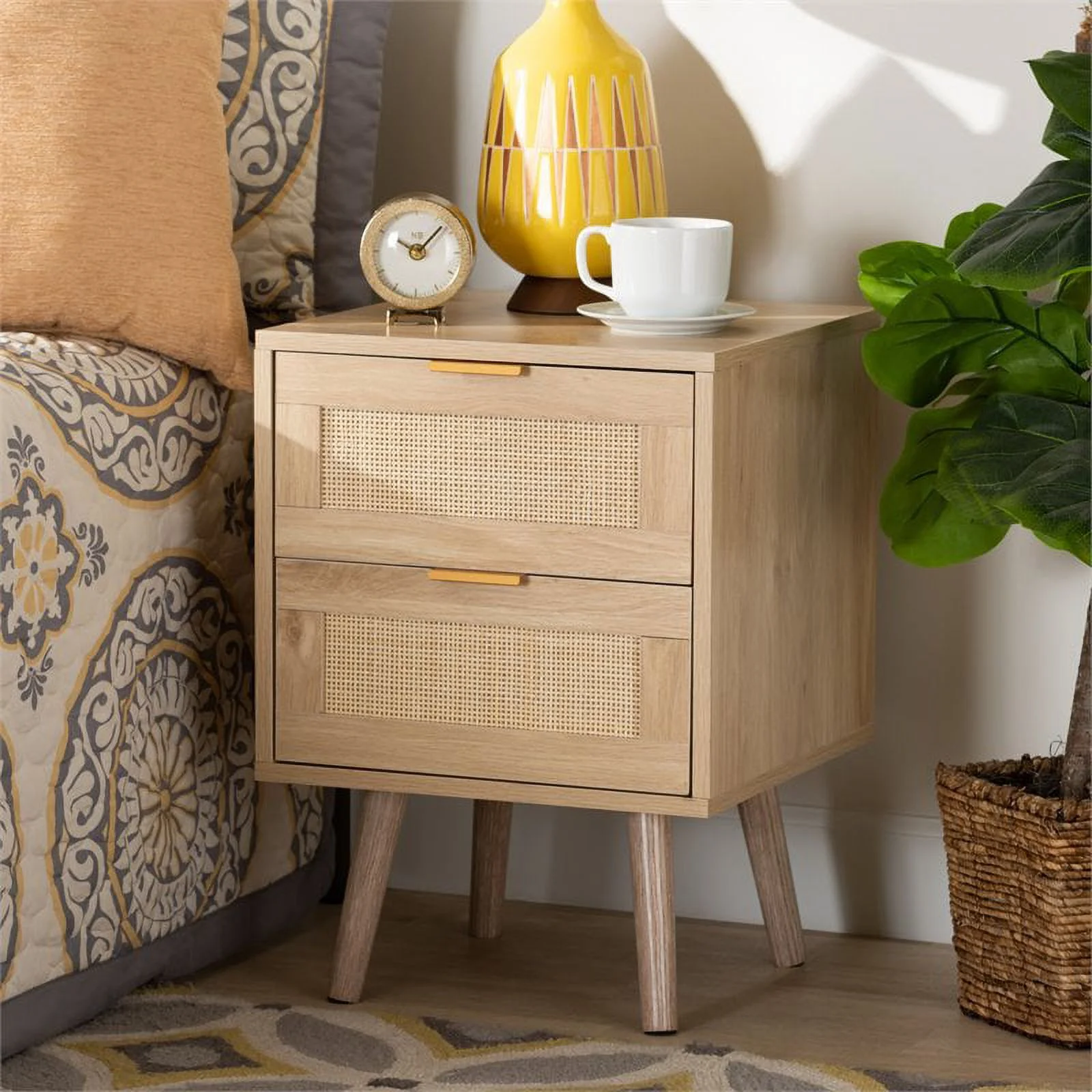 Bowery Hill Light Oak Brown Finished Wood and Rattan 2-Drawer Nightstand