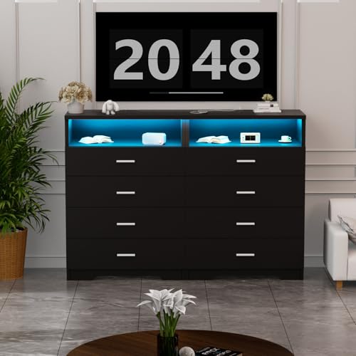 Dresser with Power Outlets and LED Lights Wooden 6 Drawer Dresser with Large Organizer Tall White Drawer for Bedroom Modern Chest of Drawers Closet for Living Room Kids Room