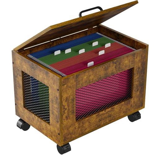 Rolling File Cabinet Cart, Hanging File Organizer Box with Lid for Home Office, Small Filing Cabinet on Wheels Under Desk, Mobile Decorative Document Storage Basket for Letter & Legal Size