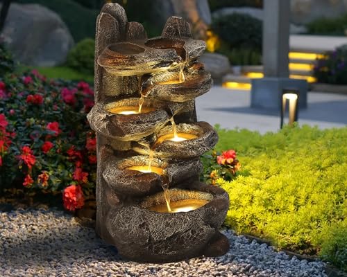TITIMO 6-Tier Cascading Rock Water Fountain Outdoor Garden Waterfall with Lights,Fountain Indoor Decor for Garden, Patio, Backyard, Deck, Porch and Home Art Decor (Smal)