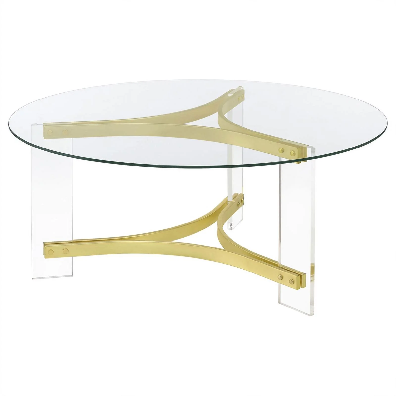 Pemberly Row Round Glass Coffee Table with Acrylic Legs in Clear and Brass