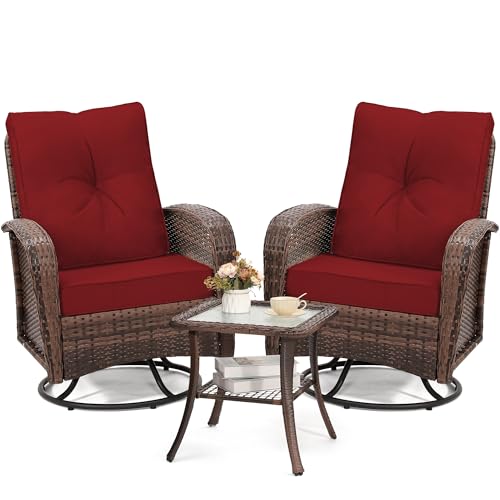 3 Piece Rattan Wicker Bistro Set, Outdoor Conversation Furniture Set with Glass Top Table, Space Saving for Balcony, Backyard, Natural