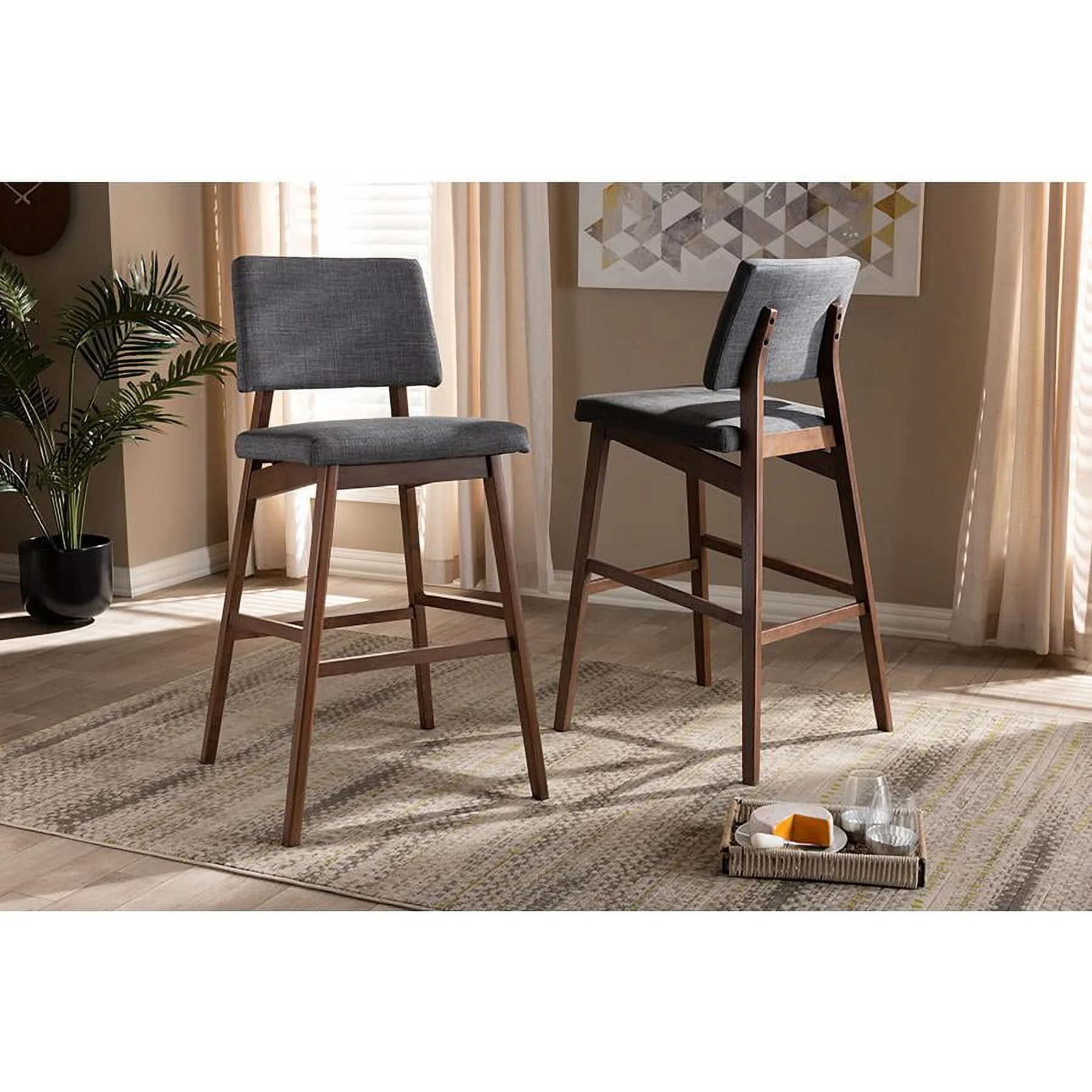 Baxton Studio Colton Mid-Century Modern Dark Gray Fabric Upholstered and Walnut-Finished Wood Bar Stool Set of 2