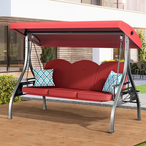 3 Seat Outdoor Porch Patio Swing with Stand 800lbs 2-in-1 Convertible Swing Bed with Adjustable Canopy & Removable Cushion for Yard Garden Deck (Wine Red, Round Tube)