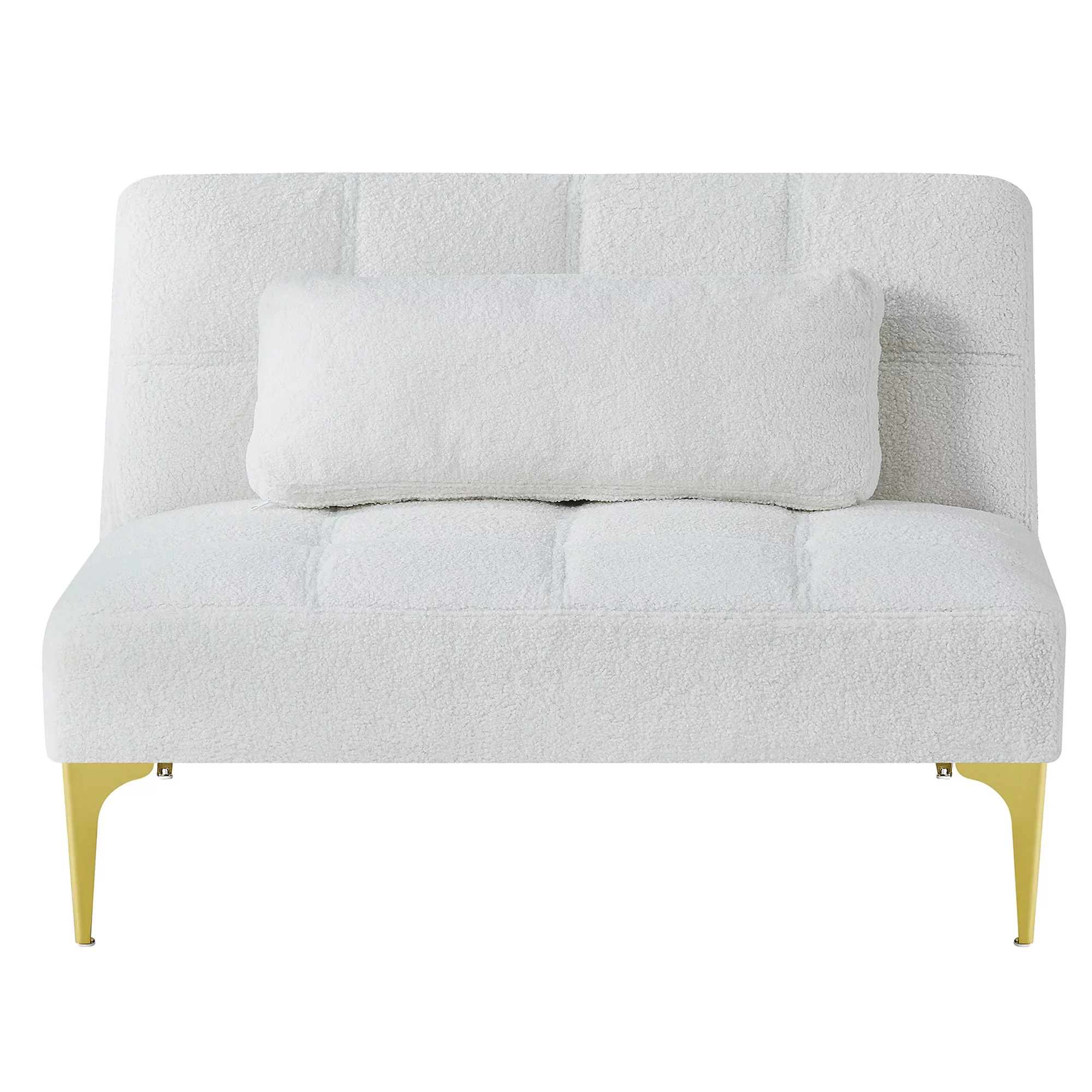 Simple and Leisure Style Teddy Fabric Upholstered Futon Sofa with A Pillow and Gold Metal Legs for Living Room, Bedroom, White