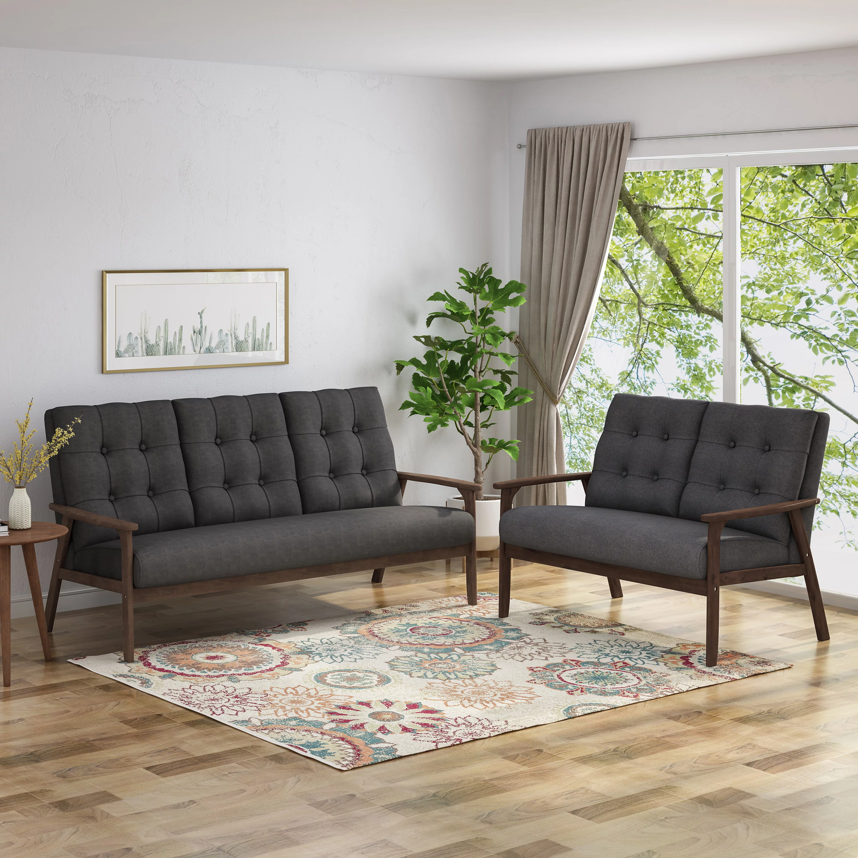GDF Studio Prescott Mid Century Modern Fabric Tufted 2 Piece Sofa and Loveseat Living Room Set, Charcoal Gray and Walnut