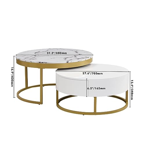 Modern Round Lift-top Nesting Coffee Tables with 2 Drawers for Living Room White & Natural