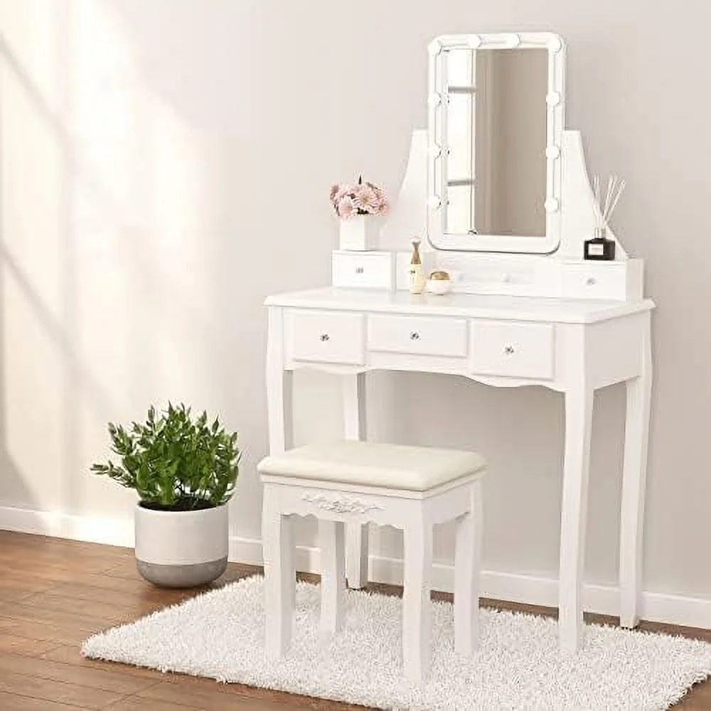 TJUNBOLIFE Vanity Set with Lighted Mirror  White Dressing Table Makeup Vanity with Tri-Fold Mirror and 10 LED Dimmable Bulbs Dressing Table with Cushioned Stool&4 Drawers for Bedroom