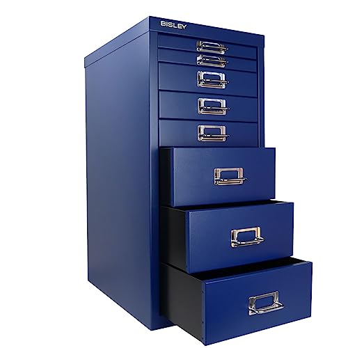 Bisley 10-Drawer Steel MultiDrawer Cabinet - Black, Chrome Pull Handles with Label Holders, Powder-Coated Steel, Removable Drawers, Fits Under Most Desks, Labels Included