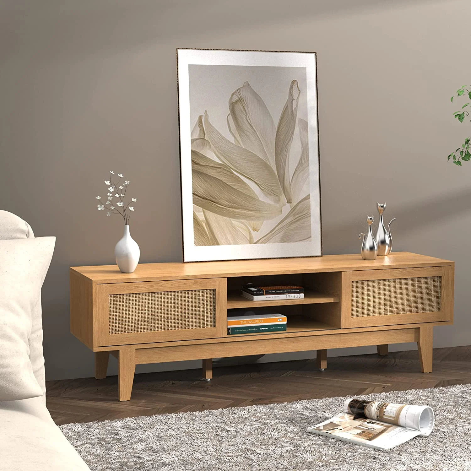 Popular TV Stand with Rattan Sliding Doors  Low Profile Television Stands for TVs up to 65 Inches TV  Modern Farmhouse Boho Home Media Console for Living Room Bedroom  59 Inch