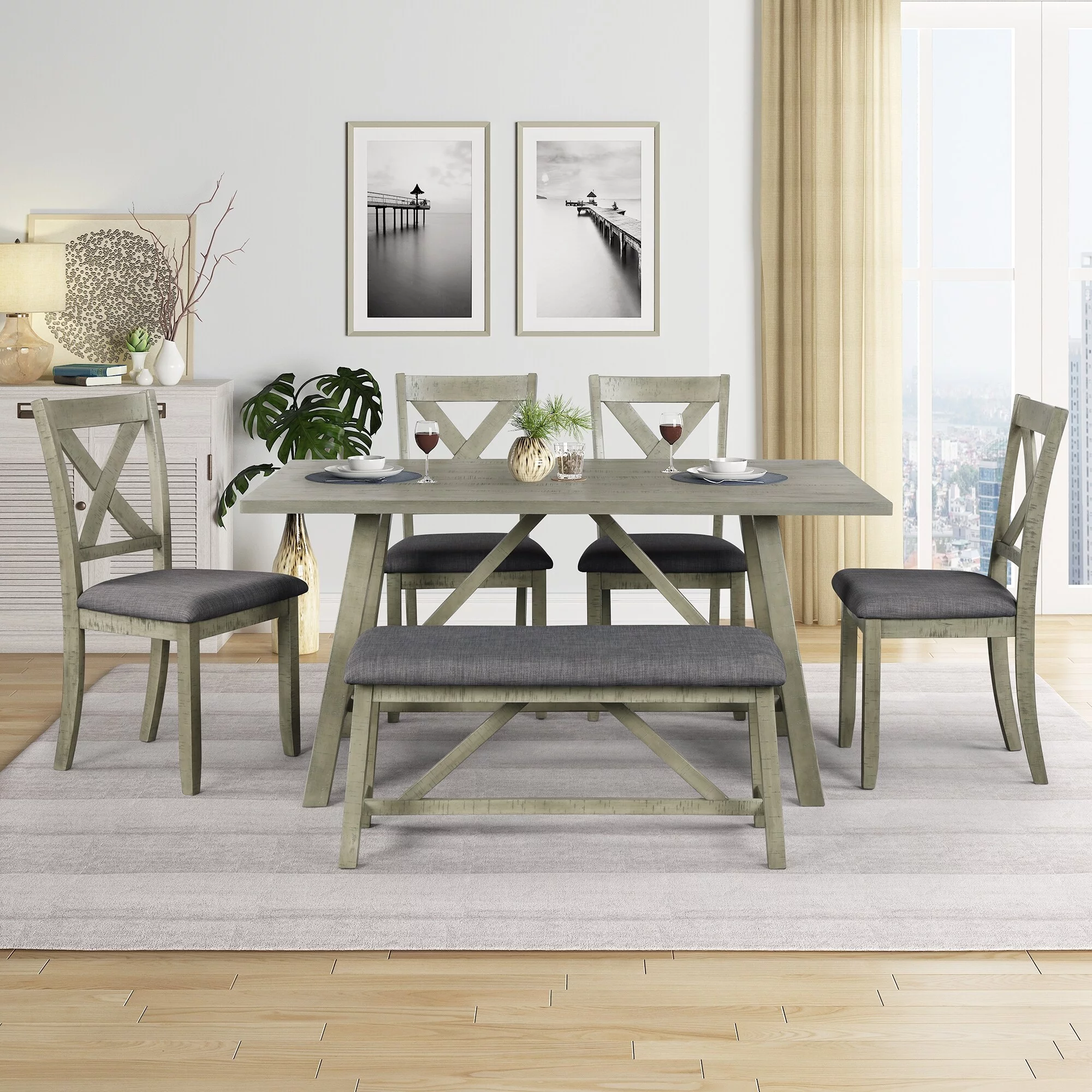 6 Piece Dining Table Set Wood Dining Table and chair Kitchen Table Set