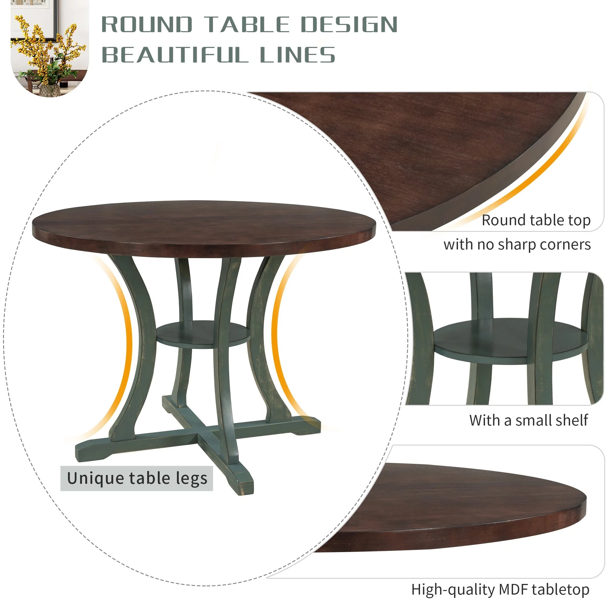 Retro 5-Piece Round Dining Table Set with Exquisite Hollow Chair Back
