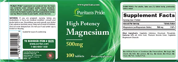 Puritan's Pride Magnesium Tablets, 500mg, 100 Ct